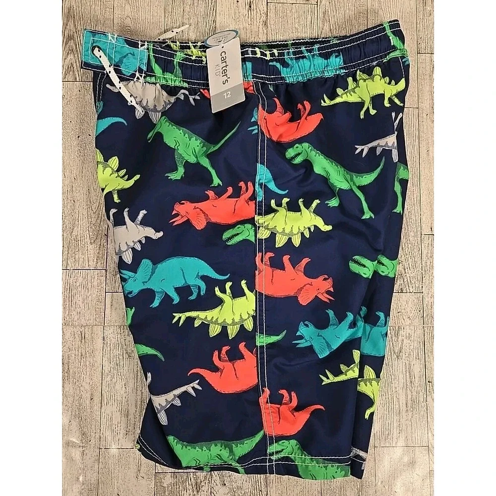 Carters Swim Trunks 12 Dinosaur T-Rex Stegosaurus Mesh Lining Blue UPF 50+ NEW
